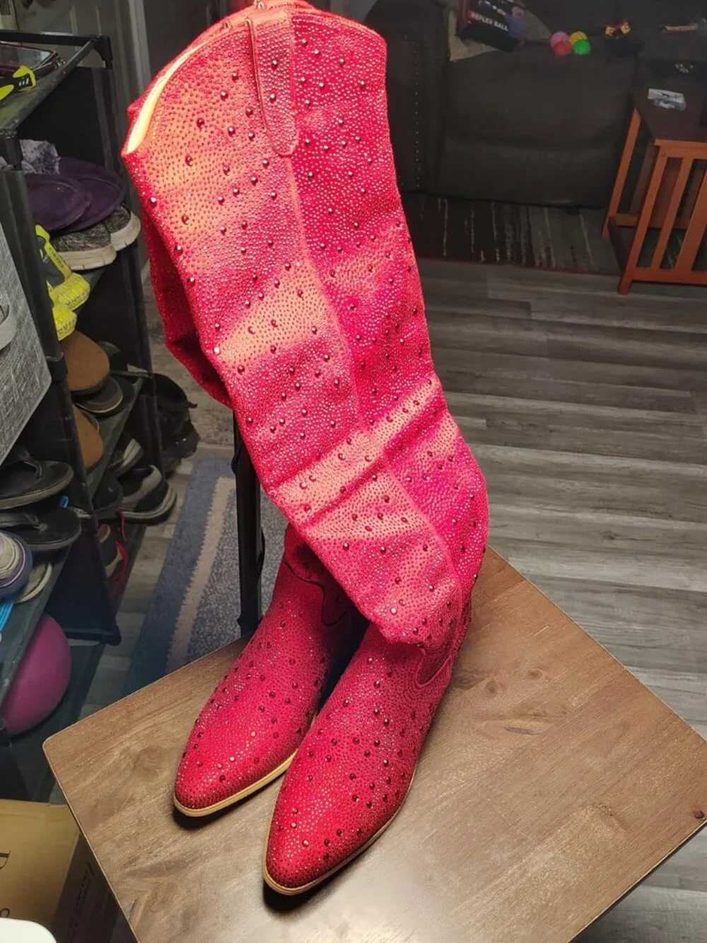 Women's  Red Over Knee Pointed Toe Sparkly Chunky Heel Thigh High Boots